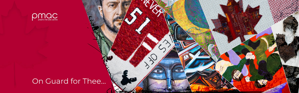Collage of artworks from On Guard for Thee…, featuring faces, national symbols, figures and the number 51.