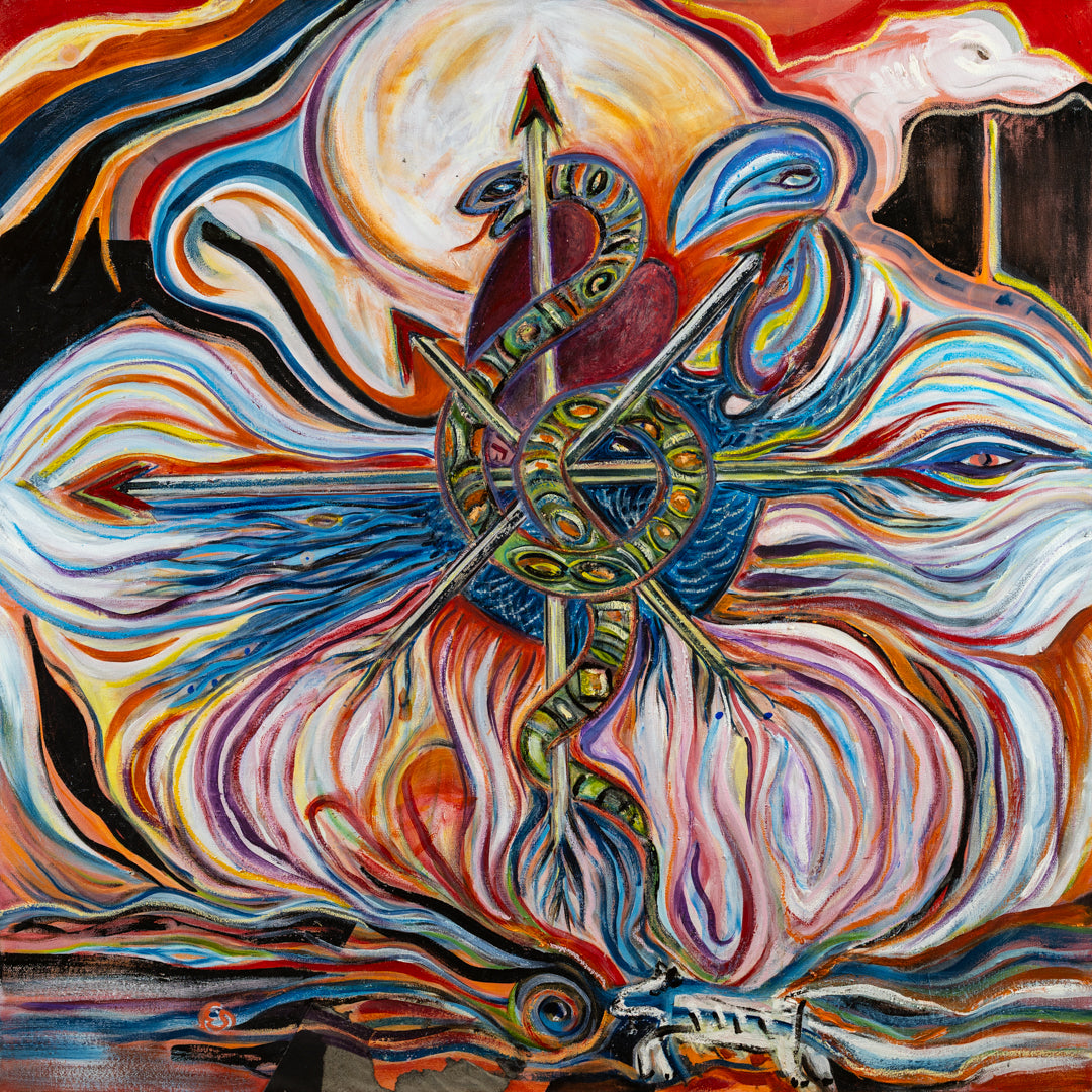 Cross Roads by Eliska Smiley: symbolic arrows, a heart, circular forms and animals converge amid flowing bands of colour.