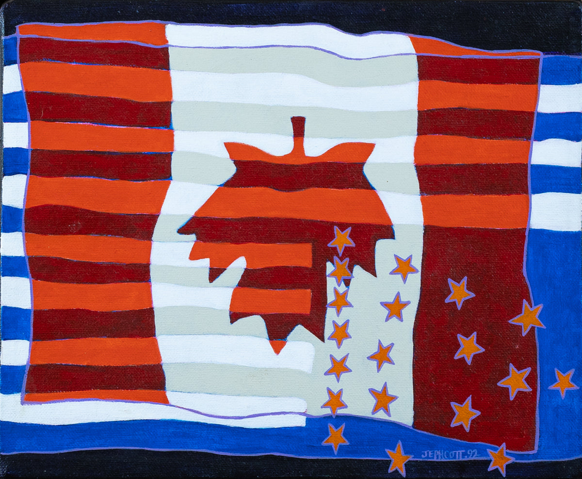 In Distress by Susan Jephcott: fragmented Canadian and American flags, with stars falling from a broken maple leaf.