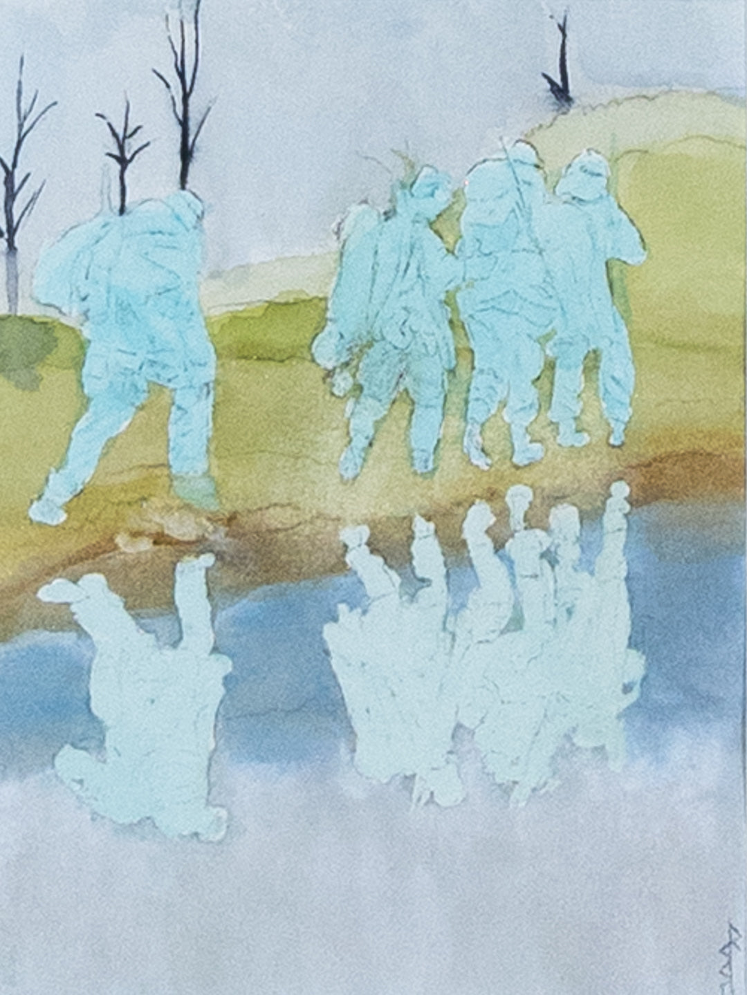 Trilyth — On Guard for Thee by Jennifer Robitaille: pale blue spectres of soldiers lost in war cross a barren landscape, mirrored by ghostly reflections in the lake below.