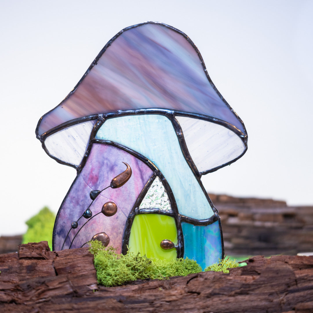 PMAC, The Priest's Mill Arts Centre stained glass workshop: decorated stained glass mushroom.
